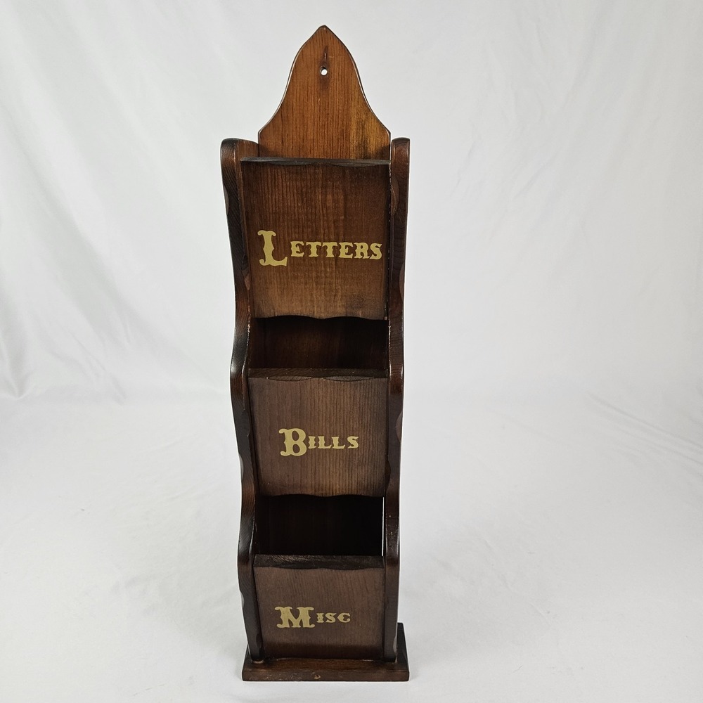 Vintage Wooden Letter Bills Mail Holder Organizer Wall Mount MCM Farmhouse